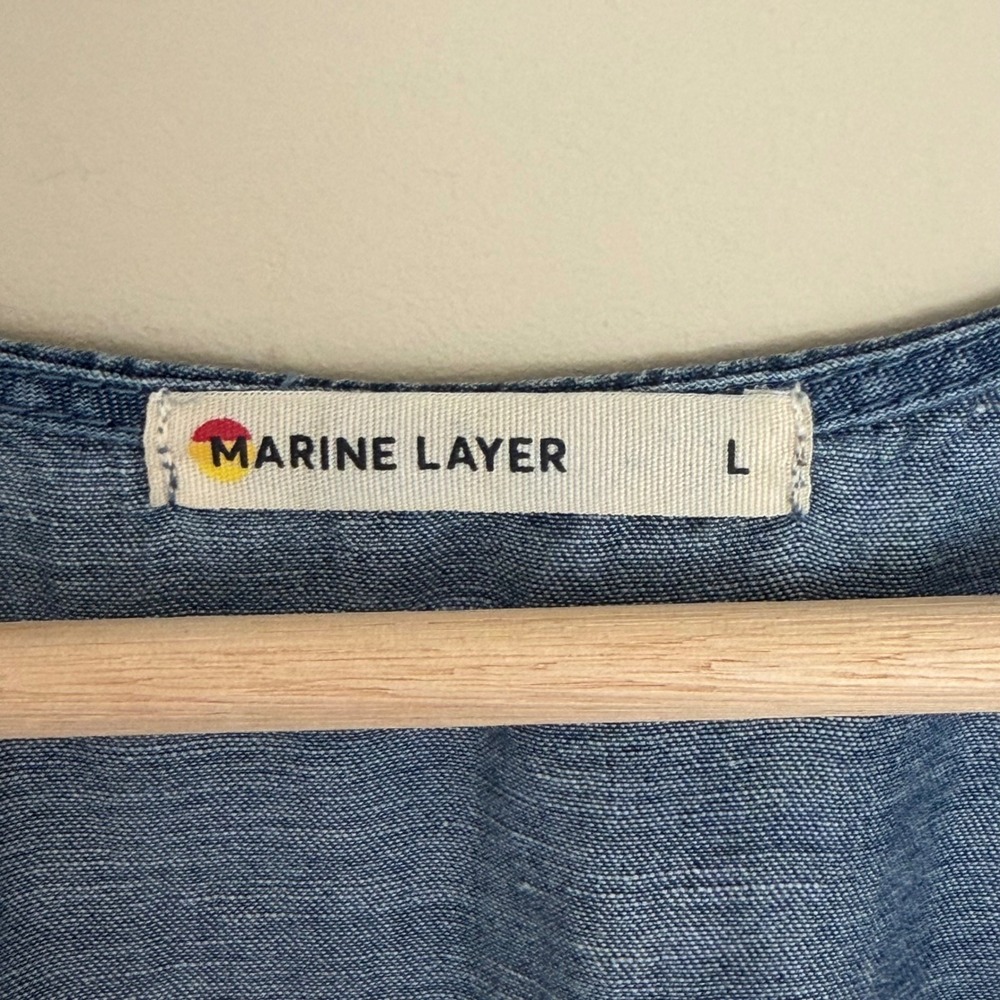 Marine Layer Camila Blue Chambray Midi Dress L V Neck Flutter Sleeve Worn Once - Picture 9 of 10